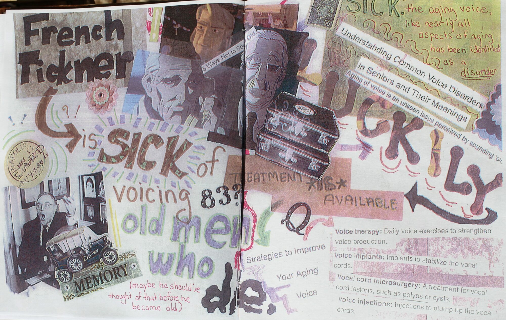 A two-page collage spread from the zine “A quick and easy guide to aging gracefully in 2714 easy steps”.