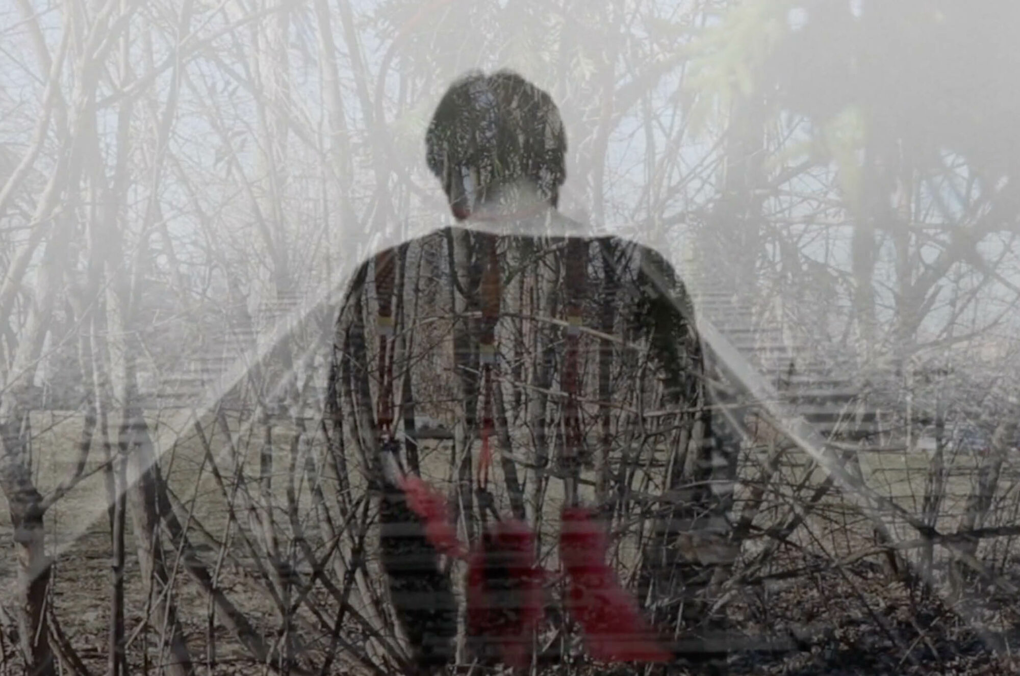 Overlaid images of a person on traintracks, a dreamcatcher, and a background of trees.
