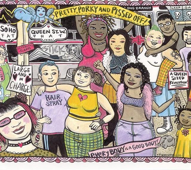 An illustration of a group of fat people with protest signs and banners, the biggest says "Pretty, Porky, and Pissed Off!"