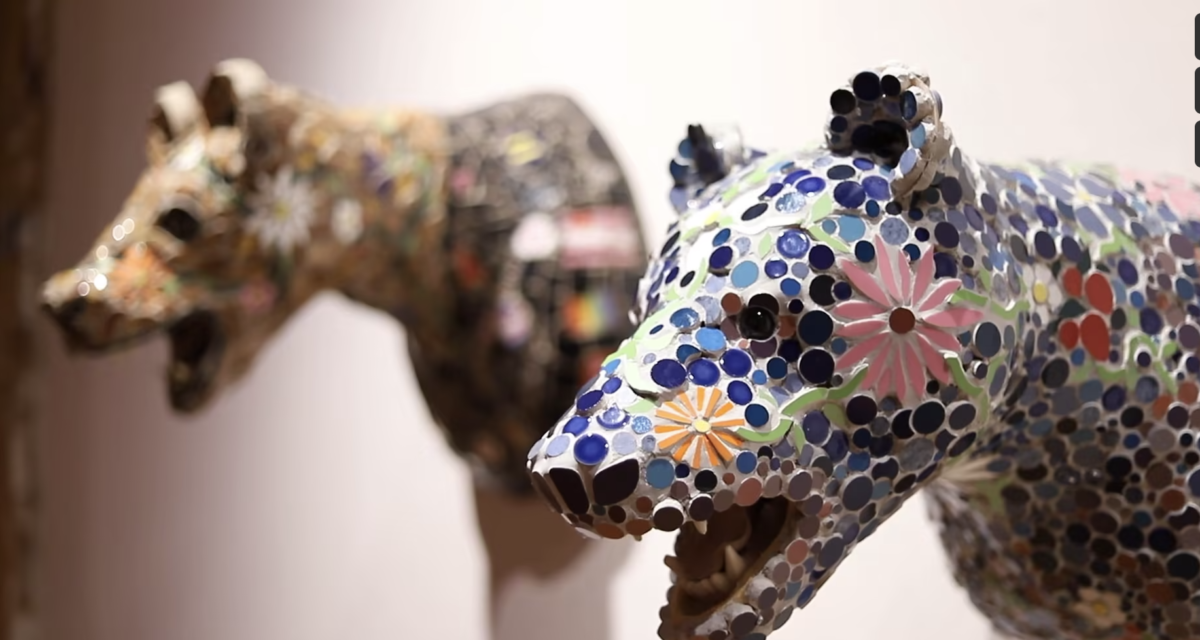 Mosaic bear heads from the exhibition Outliers.