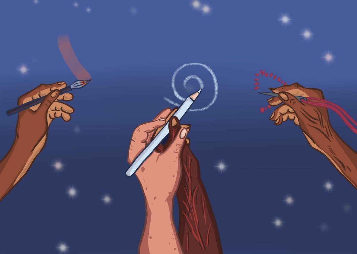 An illustration showing three different hands creating art of a blue gradient starry background.