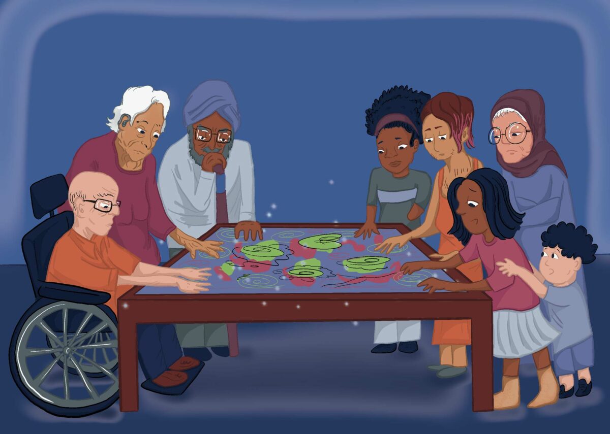 An illustration of a group of people touching and interacting with a tactile art piece on a table in the centre.