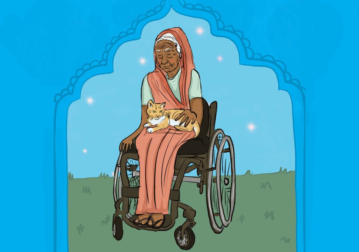 An illustration of an older brown woman sitting in a wheelchair with a cat in her lap.