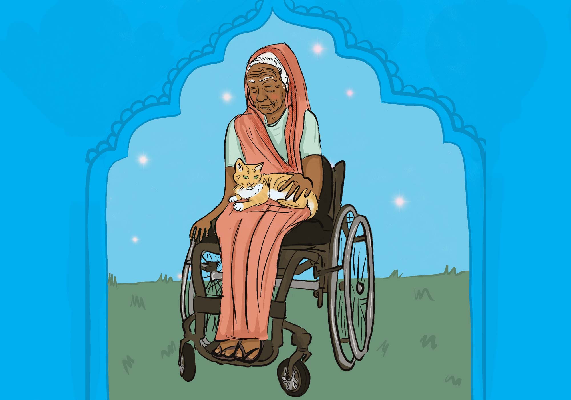 An illustration of an older brown woman sitting in a wheelchair with a cat in her lap.