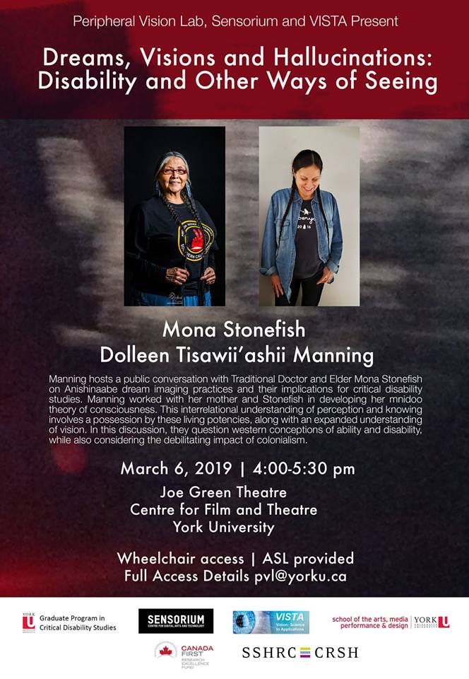 Poster for event with information and images of Mona Stonefish and Dolleen Tisawii’ashii Manning.