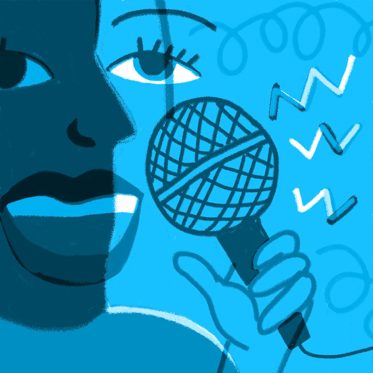 An illustration of a person speaking into a microphone.