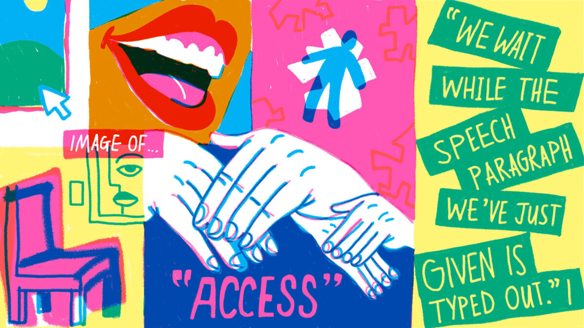 A collage illustration including hands signing "access" in ASL.