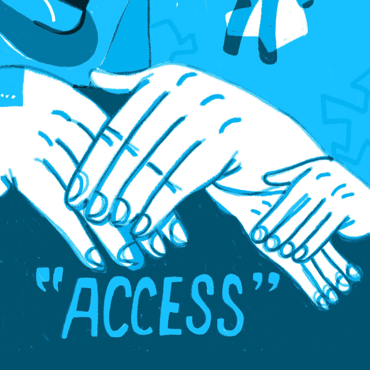An illustration of hands signing access, drawn in shades of blue.