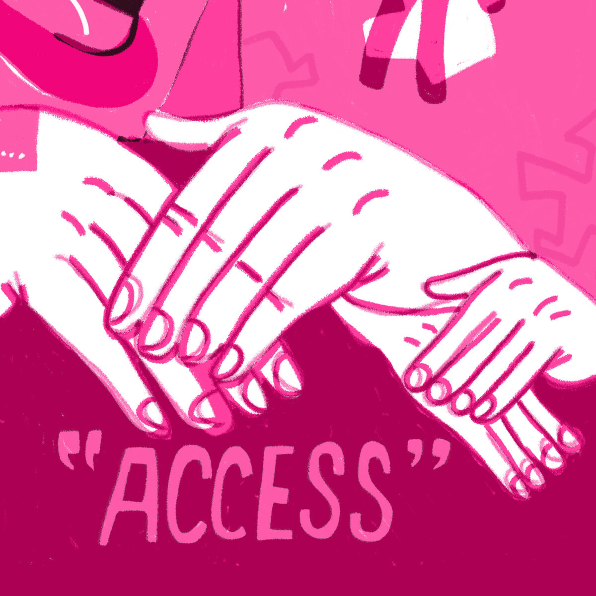 An illustration of hands signing access, drawn in shades of pink.