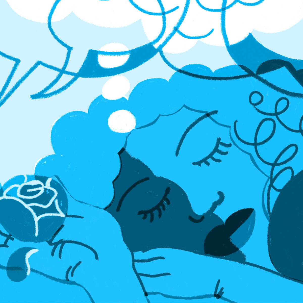 Illustration of a dreaming woman, drawn in shades of blue.
