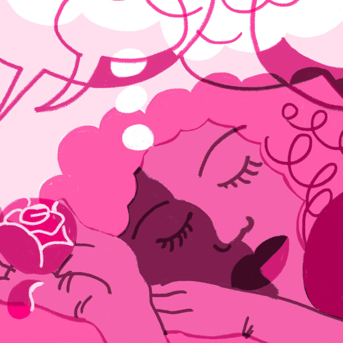Illustration of a dreaming woman, drawn in shades of pink.