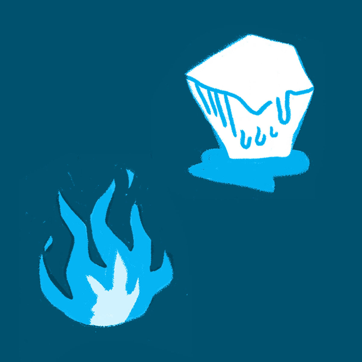 An illustration of a fire and a melting glacier, in shades of blue.