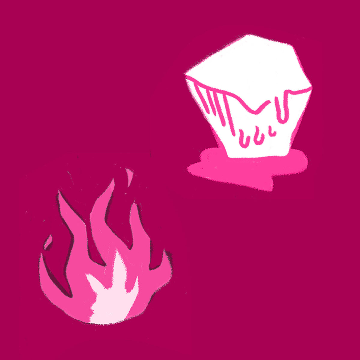 An illustration of a fire and a melting glacier, in shades of pink.