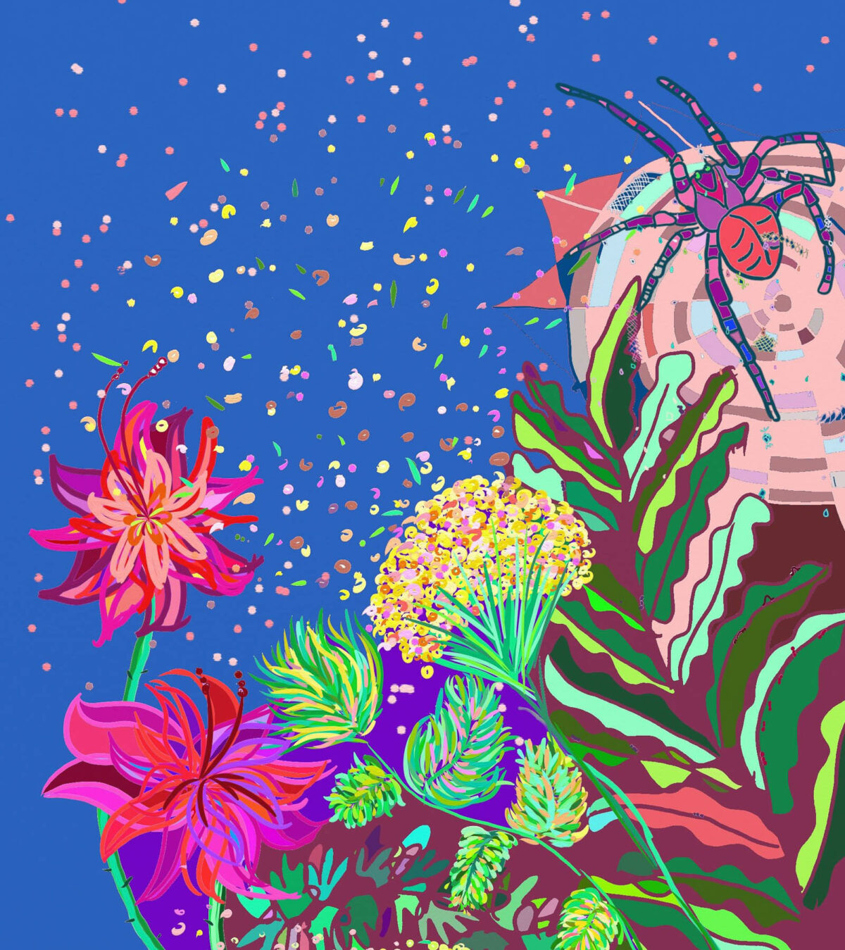 An illustration of colourful flowers with a large spider.