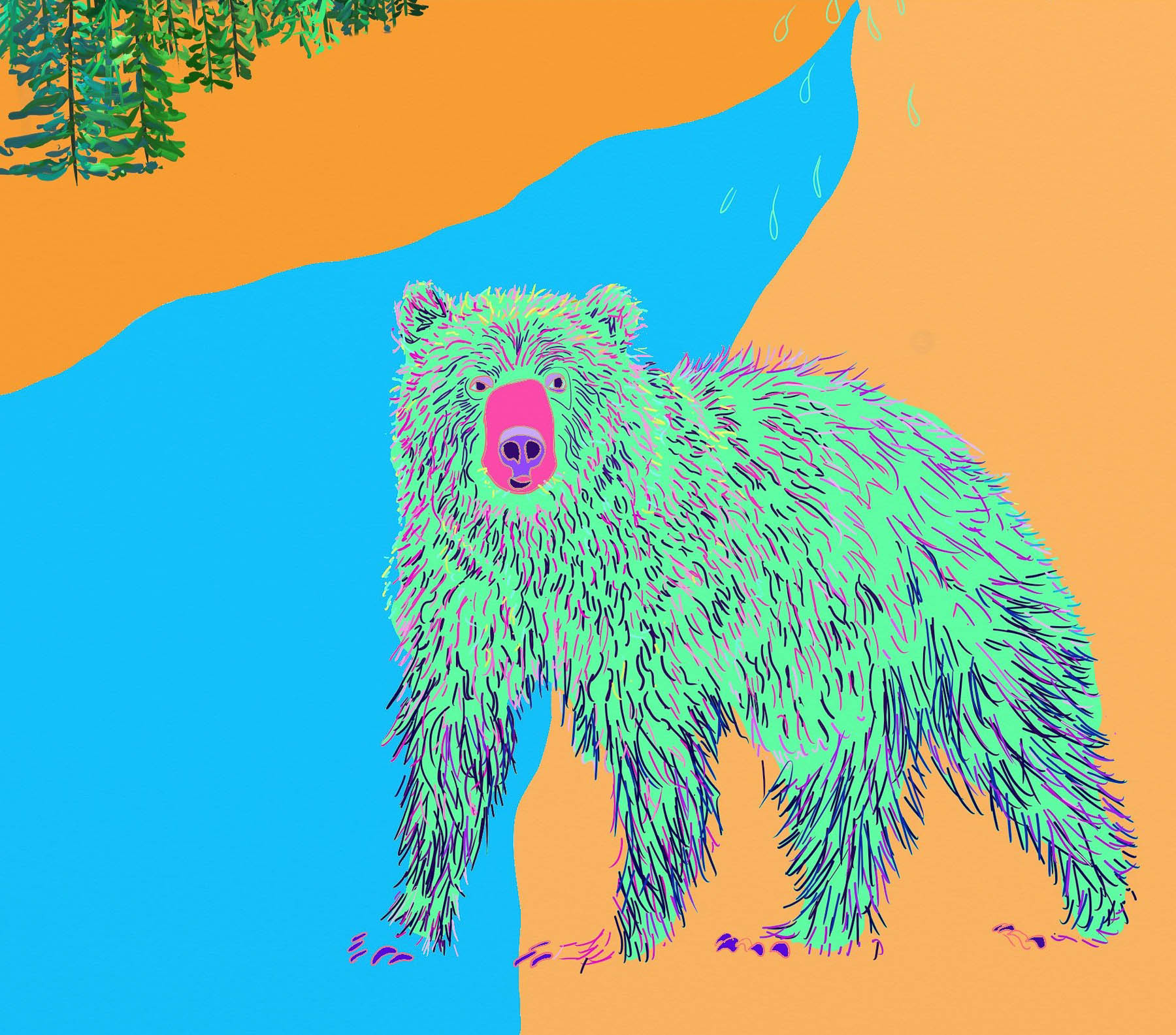 An illustration of a bear with bright teal fur.