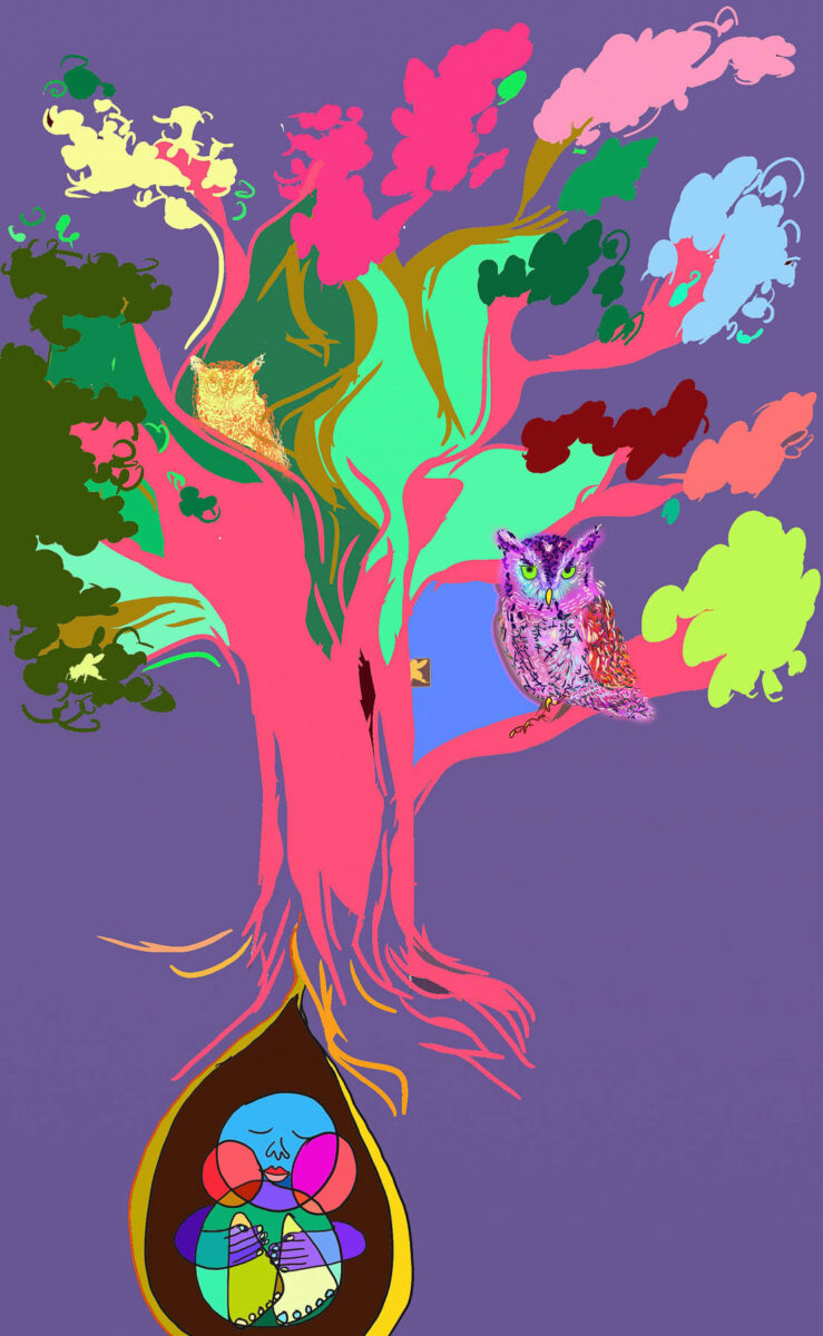 An illustration of a colourful tree with a human-looking baby sleeping cozily among its roots.