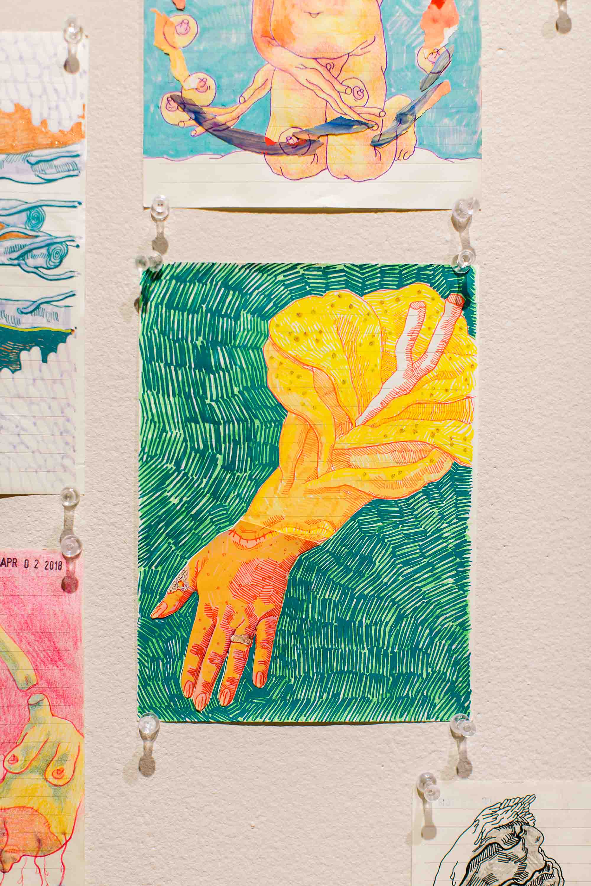 Drawing of an orange hand and wrist with peeling layers.