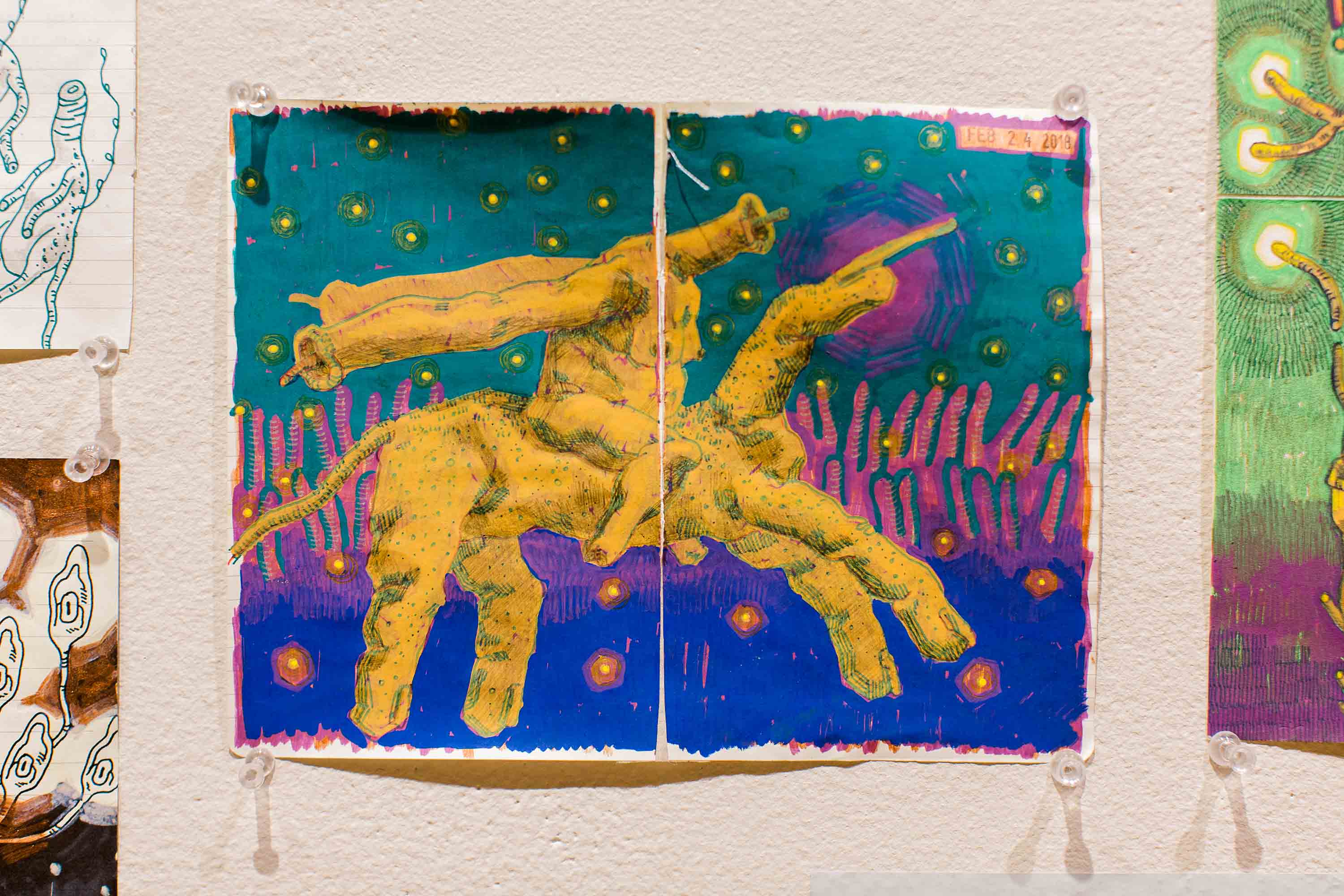 Painting of two yellow monsters against a starry background.