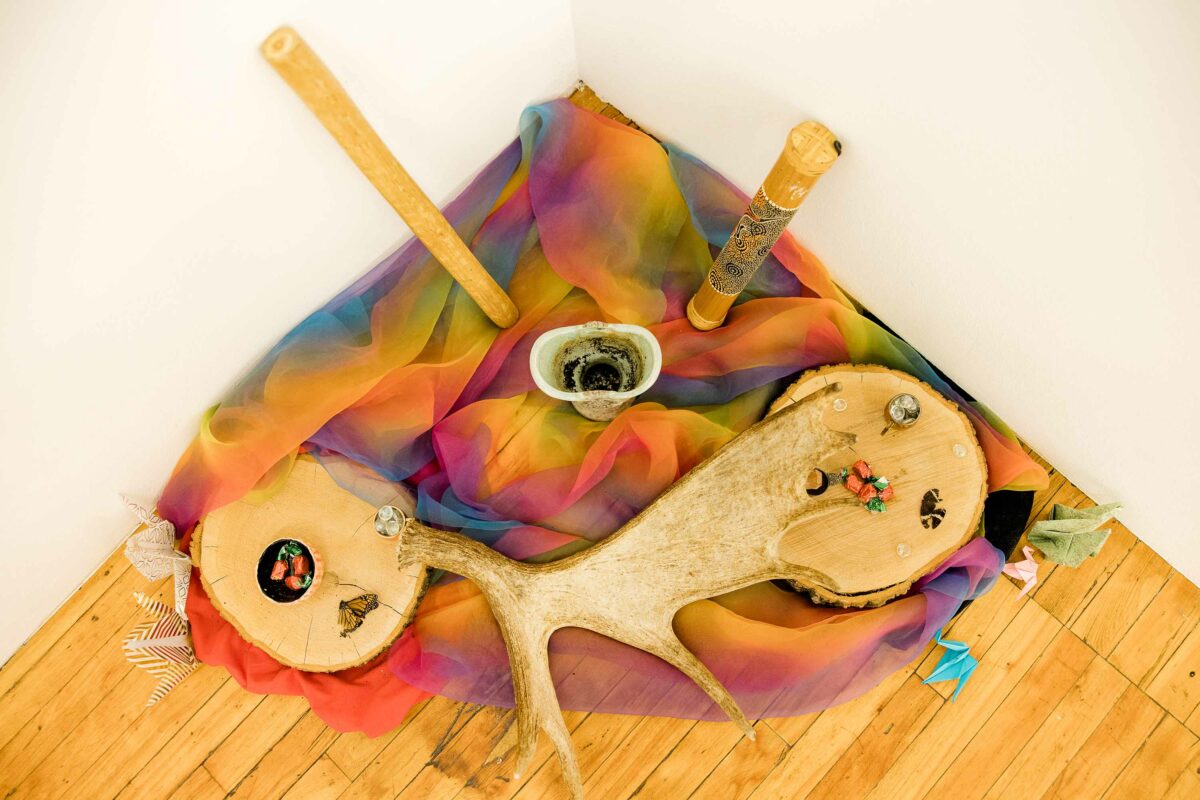Several objects arranged on a rainbow scarf.