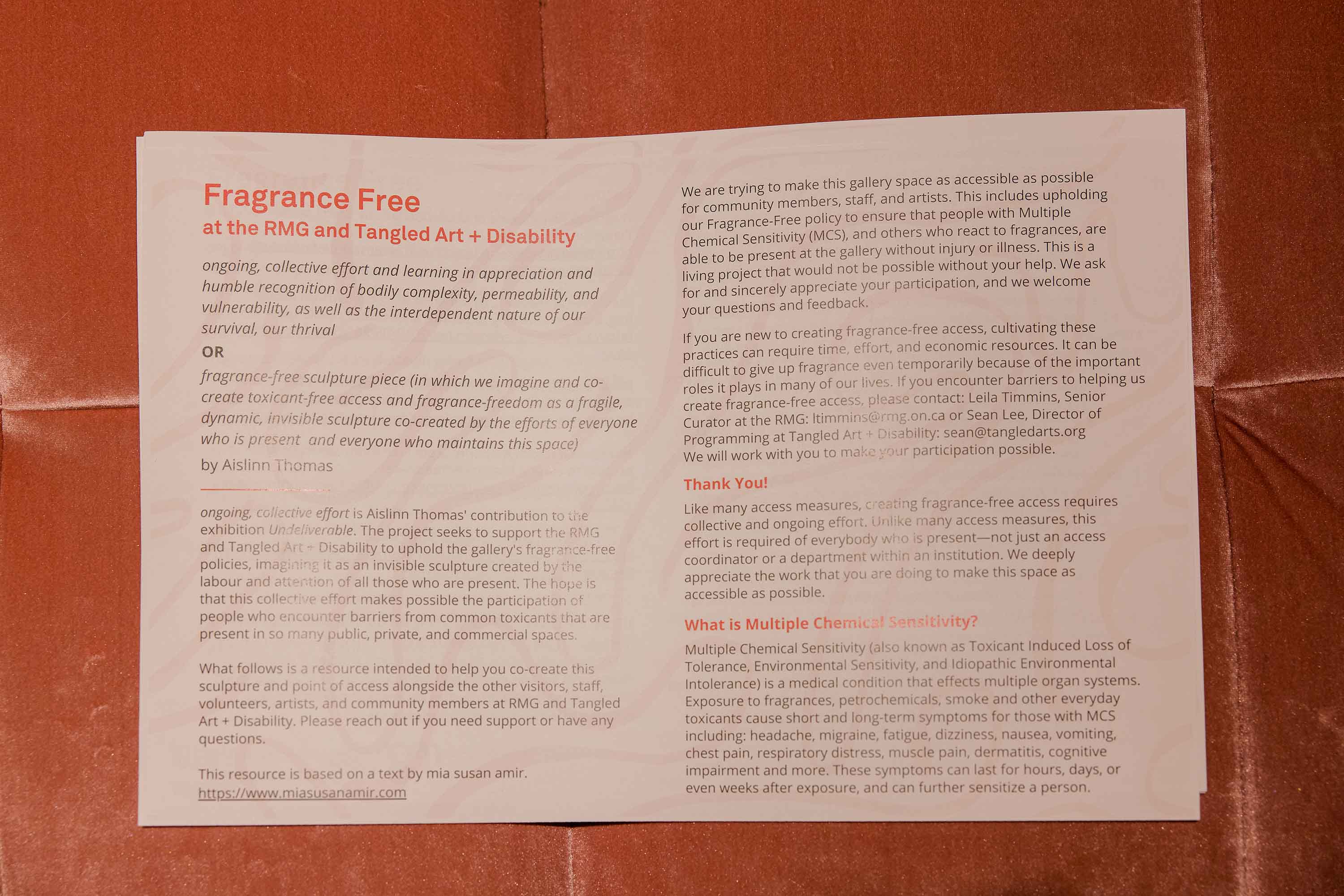 An informational poster titled “Fragrance Free at the RMG and Tangled Art + Disability”.
