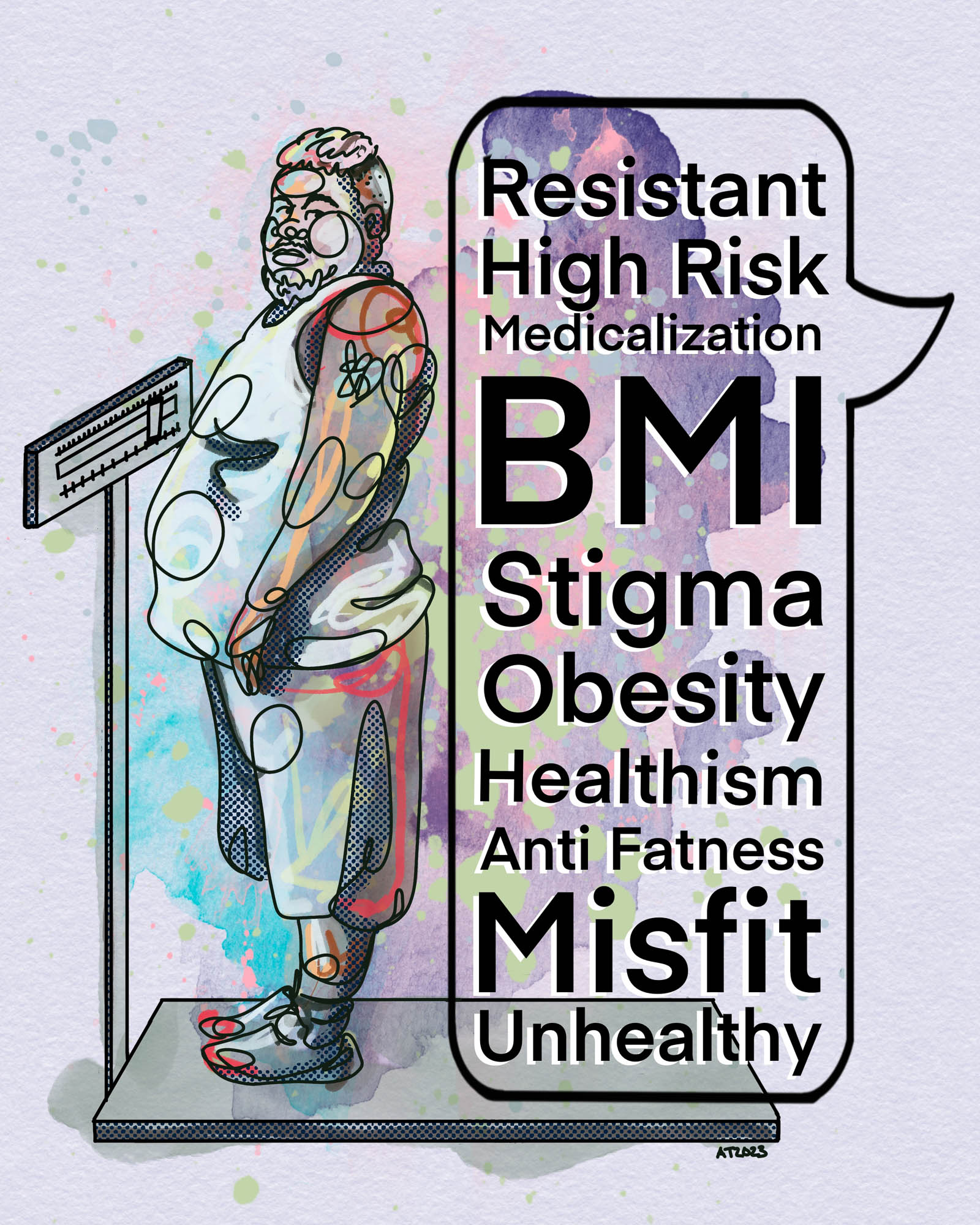 Line drawing of a fat person standing on a medical scale beside a list of anti-fat words encountered in health care.